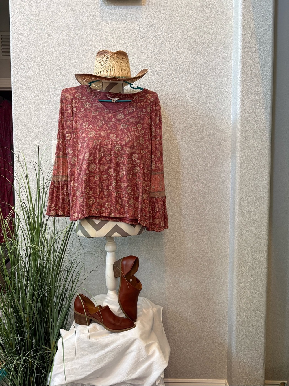 Lucky Brand Floral Bell-Sleeve Tunic in Dusty Rose
